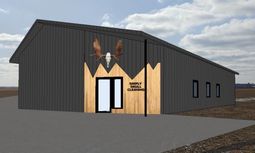 Rendering of black building with skull and wood contracting entrance